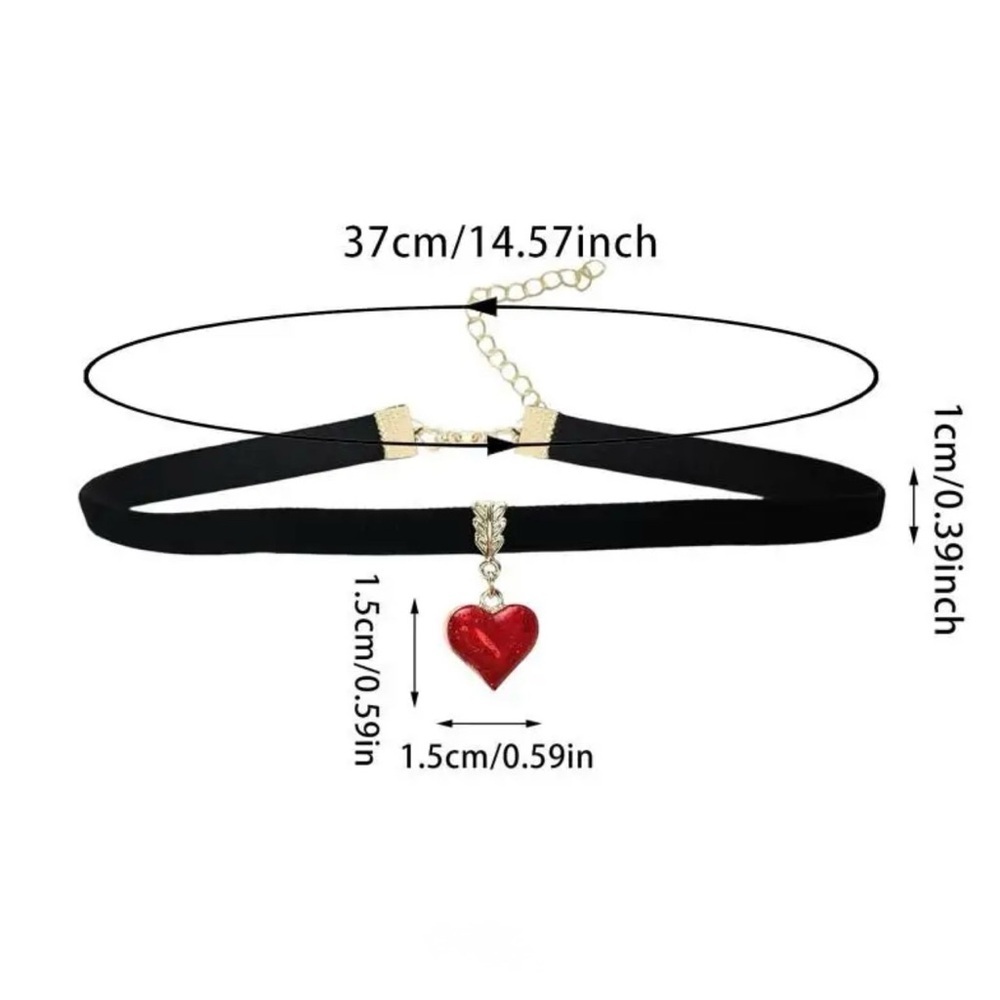 Punk Black Choker Necklace with Red Heart Pendant 〰️ ❤️ - Picture 3 of 5